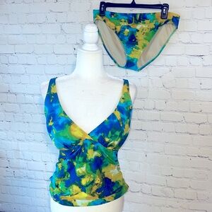 SPIEGEL two piece bathing suit. Blue and green. Deep V neck. NWT